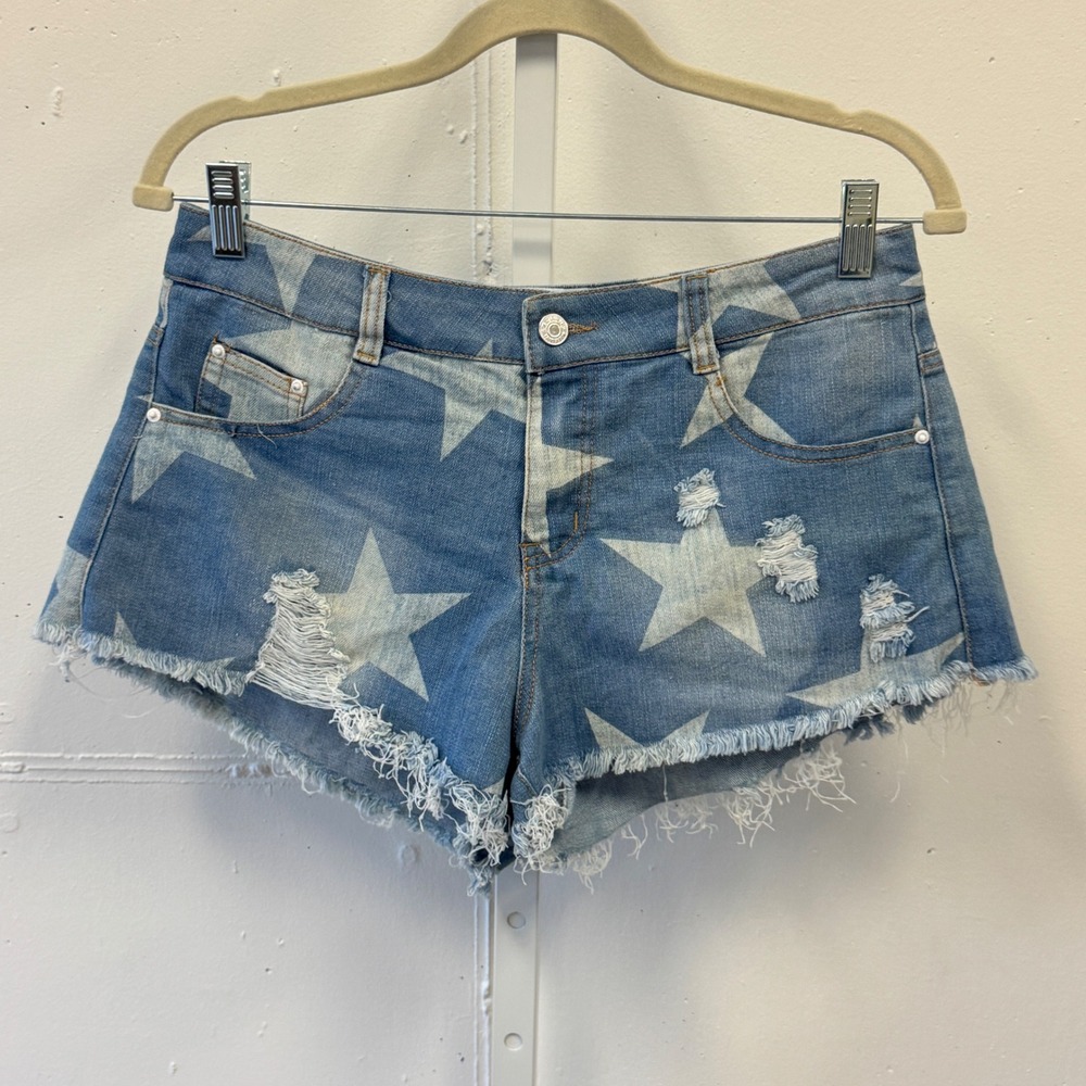 TaROO Star Print Distressed Denim Shorts Blue Medium Wash Frayed Cut Offs Size M
